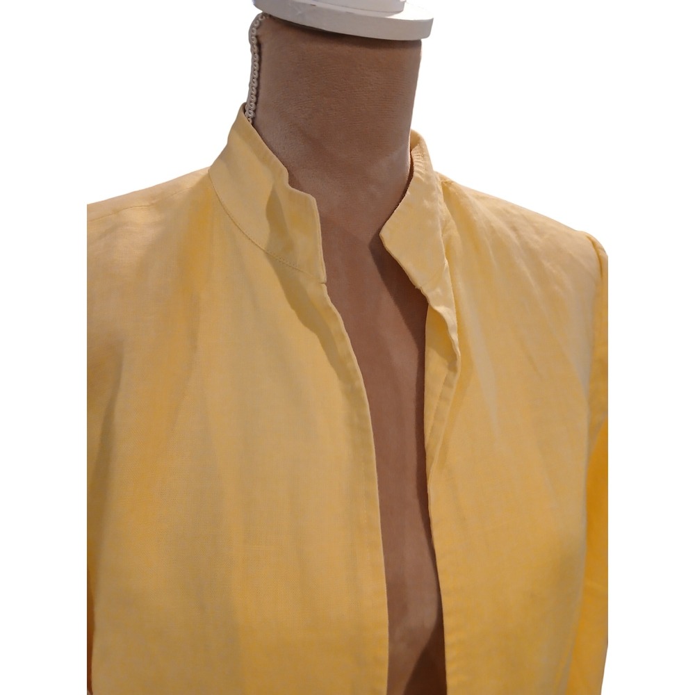 Linen Yellow Open Duster Jacket Mandarin Collar Long Sleeve Side Slit Blazer - Picture 2 of 14